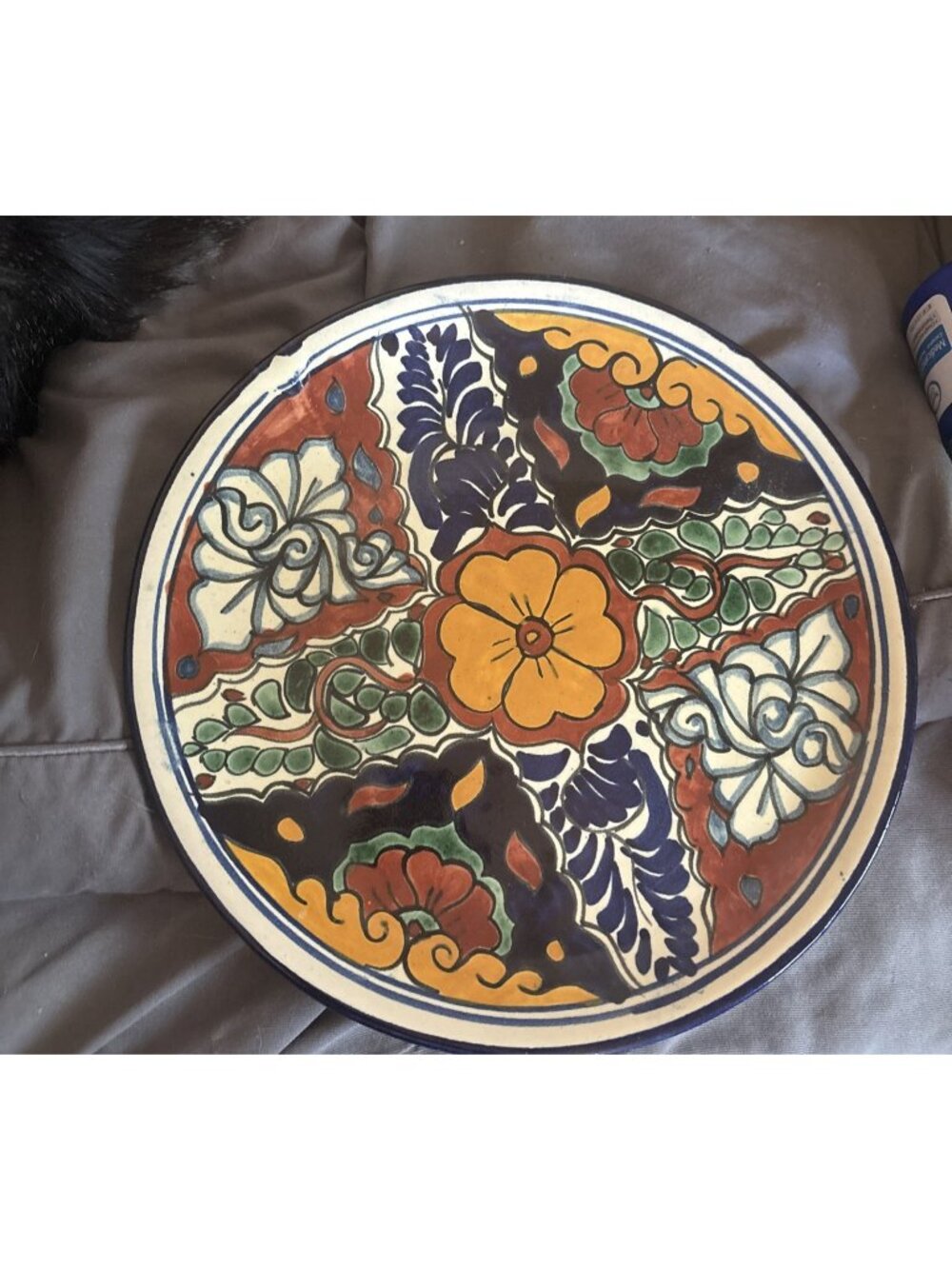 Hand Painted Mexican Talavera Style Decorative Pottery Plate Floral Geo 10 X 10"
